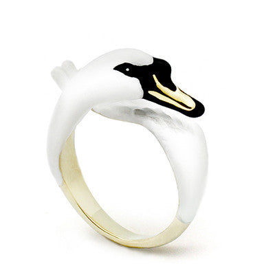 Beautifully crafted ring featuring a swan design, with the swan's body curving around the band