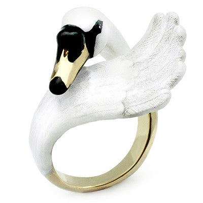 A beautiful ring featuring a swan design, with the swan's body curving around the band