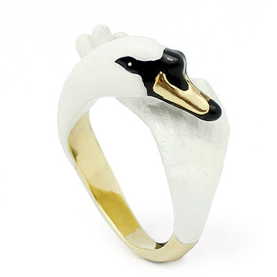 Unique ring with a swan design, featuring a gold and black head with a white body, perfect for animal lovers.