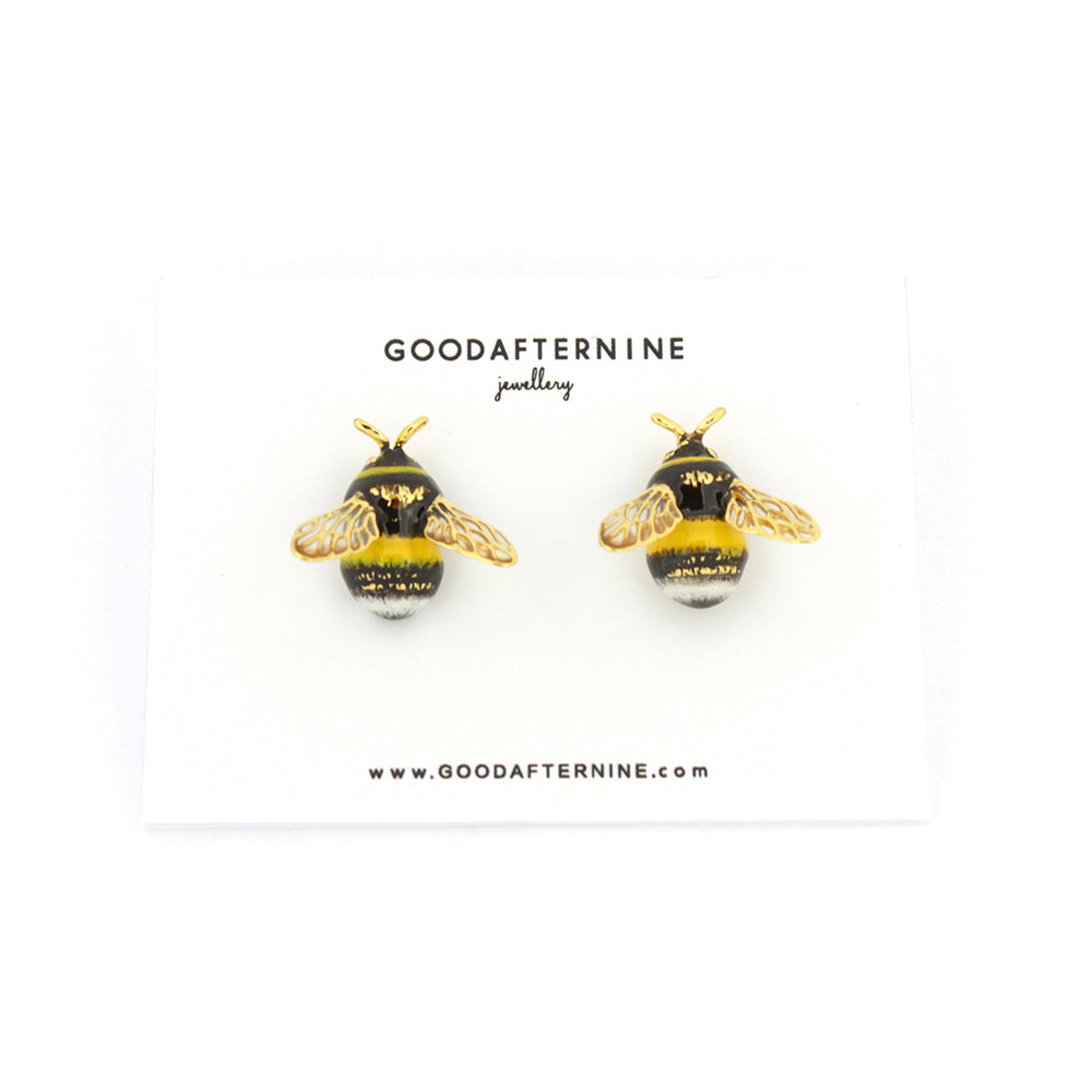 Cute bee earrings in gold, black, and yellow.