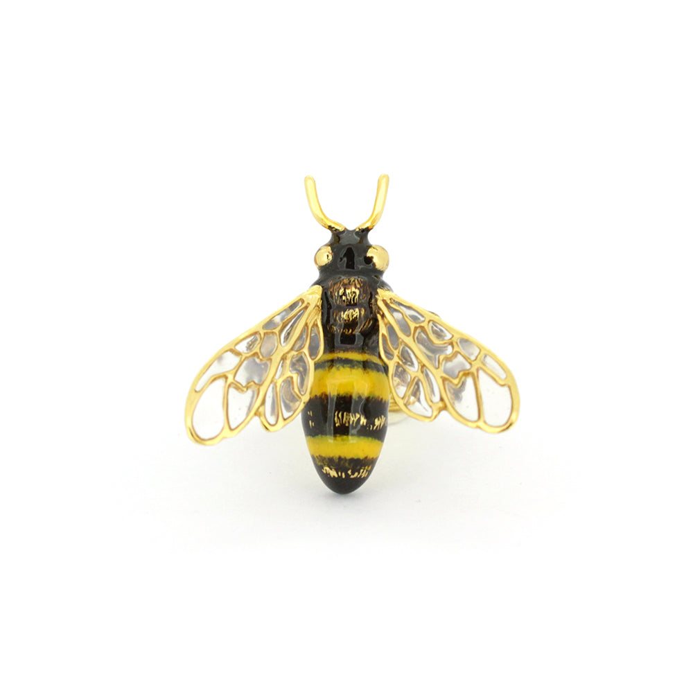 Handcrafted bee ring featuring a unique design with golden wings and black stripes.