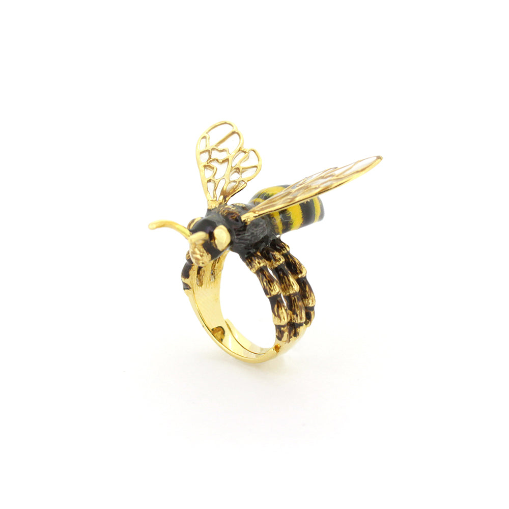 Unique ring design featuring a bee with intricate golden wings.