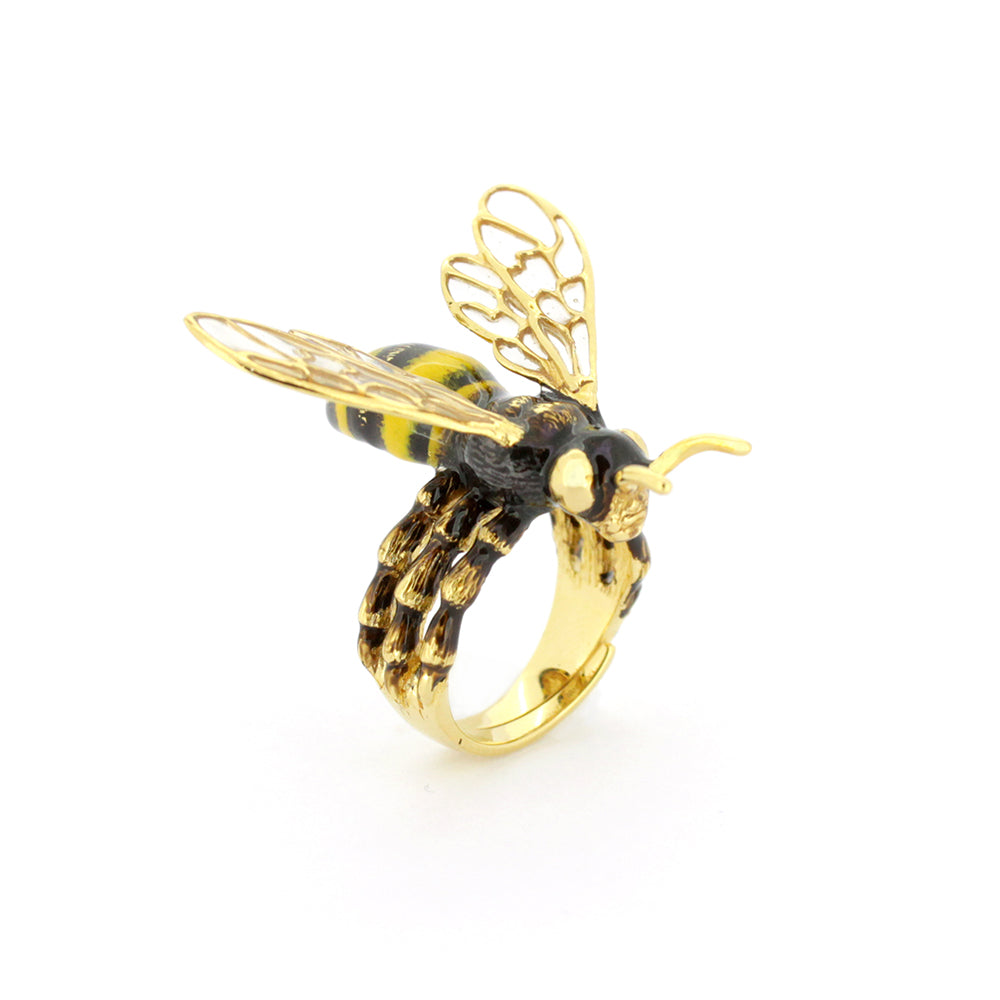 Unique ring design featuring a bee with intricate golden wings.