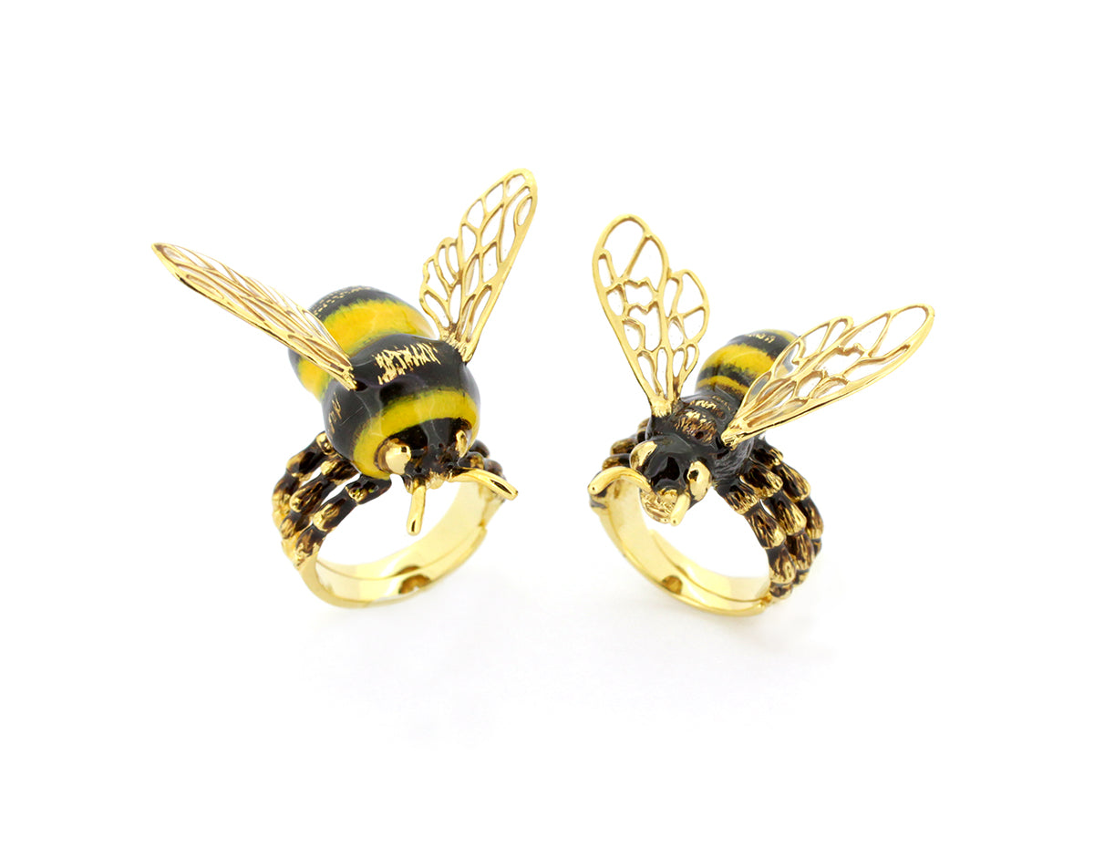 Nature-inspired bee rings showcasing intricate details and vibrant colors.