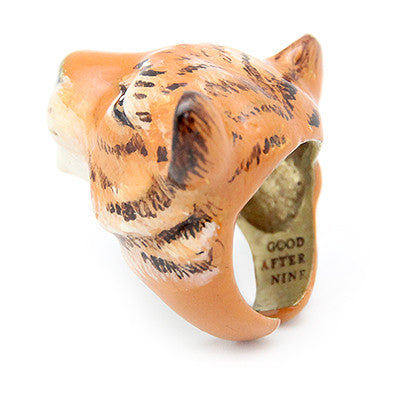 Handcrafted tiger ring showcasing intricate craftsmanship, perfect for animal lovers.