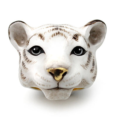 Hand-painted white tiger head ring with detailed facial features and gold accents.