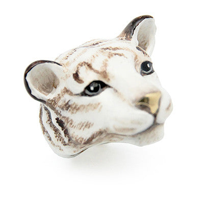 Charming white tiger head ring with detailed facial features and gold accents.