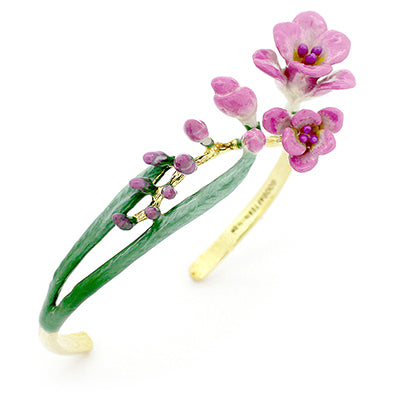 Handcrafted bangle with delicate pink flowers and green leaves.