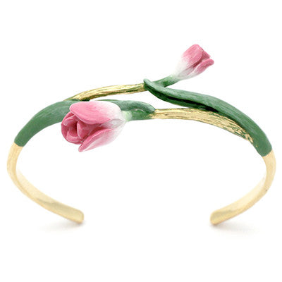 Beautiful floral bangle with pink tulip and green leaves designs.