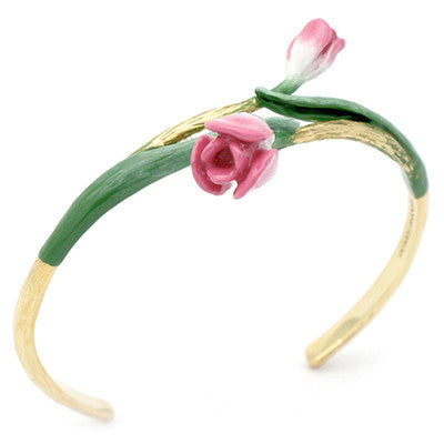 Nature-inspired floral bangle with pink tulip and green leaves designs.