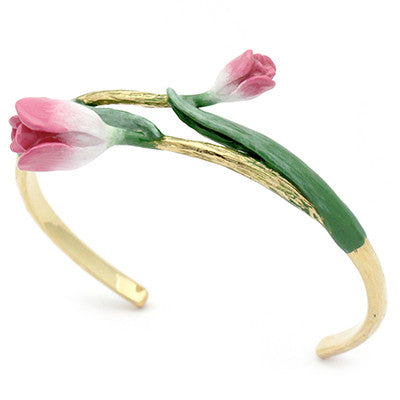 Handcrafted floral bangle with pink tulip and green leaves designs.