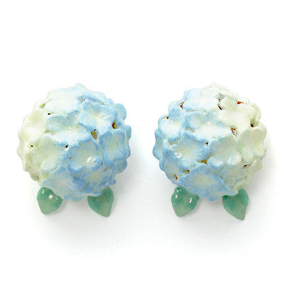 Beautiful hydrangea-inspired blue earrings with green leaves.