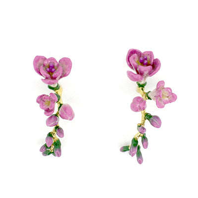 Handcrafted earrings designed with pink flowers and green accents.