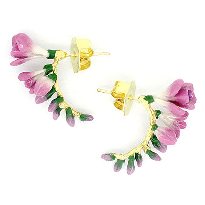 Handcrafted earrings designed with pink flowers and green accents.