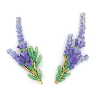 Handmade floral earrings featuring a lavender and green leaves design with gold accents.