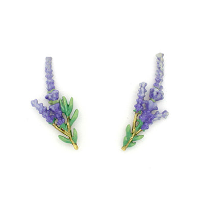 Handmade floral earrings featuring a lavender and green leaves design with gold accents, perfect for summer fashion.