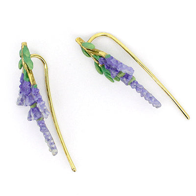 Nature-inspired earrings featuring a lavender and green leaves design with gold accents, perfect for flower lovers.