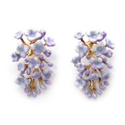 Purple floral earrings with delicate petals and gold accents, perfect for flowers lovers.