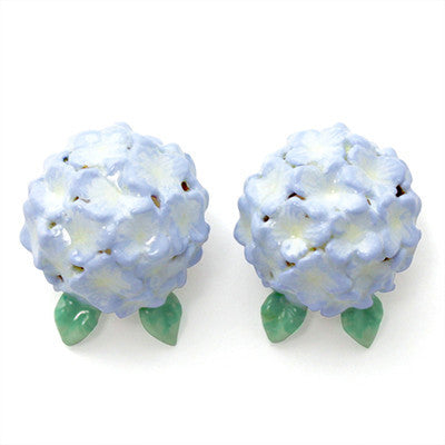 Beautiful hydrangea-inspired earrings with green leaves.