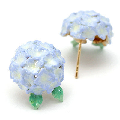 Beautiful hydrangea-inspired earrings with green leaves.