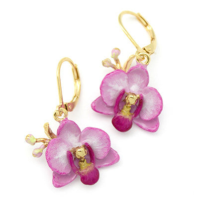 Handcrafted floral earrings featuring purple phalaen design, perfect for flower lovers.