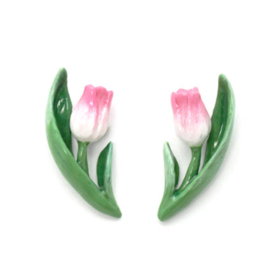 Beautifully crafted floral earrings featuring pink tulip and green leaves