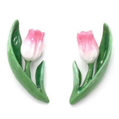 Beautifully crafted floral earrings featuring pink tulip and green leaves, perfect for flower lovers.