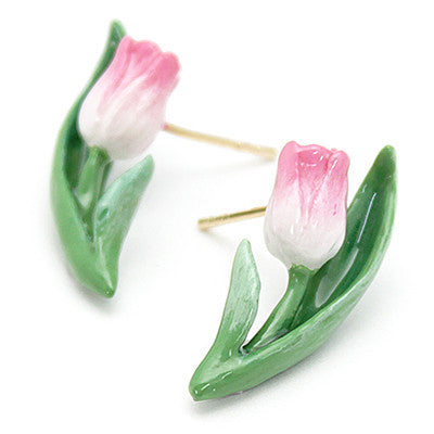 Charming floral earrings featuring pink tulip and green leaves