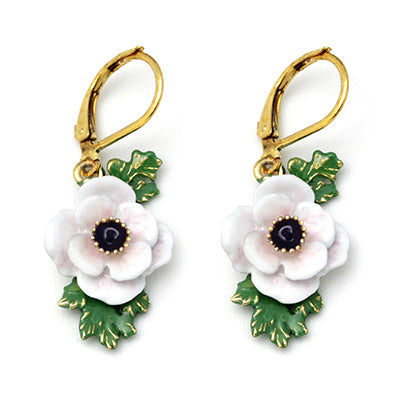 Beautiful light pink, white flower earrings with green leaves.