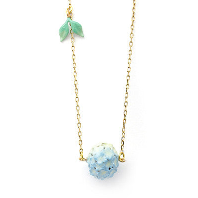 Handcrafted floral necklace with delicate  blue hydrangea and leaf design