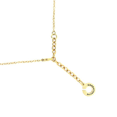 Gold necklace showcasing GoodAfterNine logo detail.