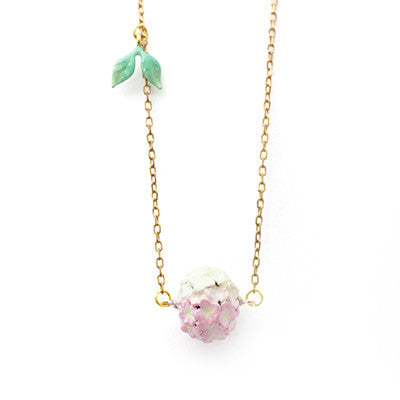 Handcrafted floral necklace with delicate  pink hydrangea and leaf design, perfect for summer fashion.