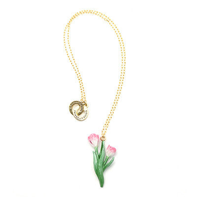 A floral necklace featuring pink tulip and green leaves on a gold chain, perfect for flower lovers.