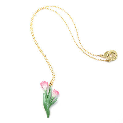 A floral necklace featuring pink tulip and green leaves on a gold chain, perfect for flower lovers.