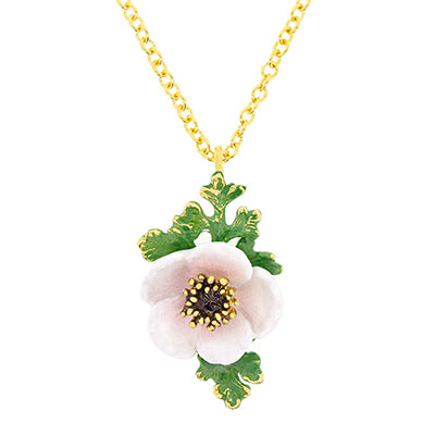 Nature-inspired necklace featuring  light pink, white flower pendant and green leaves.