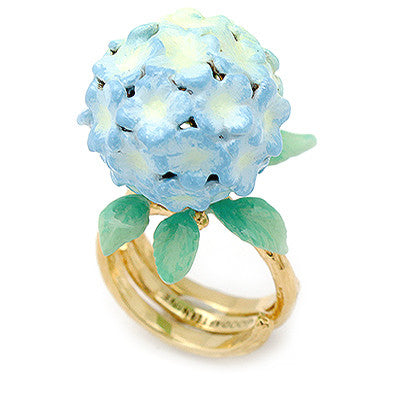 Handcrafted floral ring showcasing a beautiful blue hydrangea and green leaves.