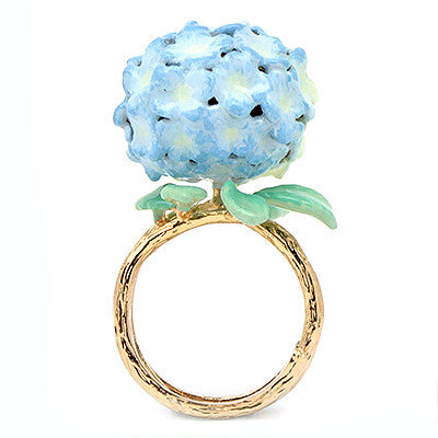 Artistic gold ring designed with a vibrant blue hydrangea and green leaves, perfect for flower lovers.