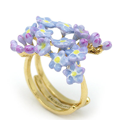 Unique floral ring with a stunning gold band and colorful flowers.