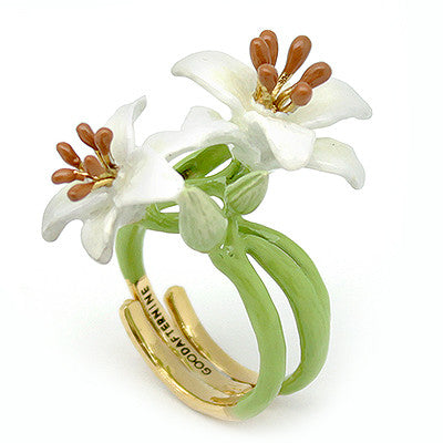 Handmade ring featuring two white flowers with brown stamens, set on a green band, accented with gold details.