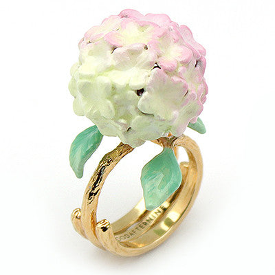 Handcrafted floral ring showcasing a beautiful soft pink hydrangea and green leaves, perfect for flower lovers.