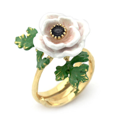 Botanical-themed ring with a stunning light pink flower and leaf design.