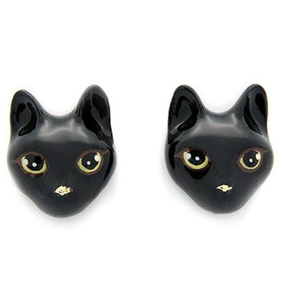 Adorable black cat's head earrings with large eyes, and a small nose, perfect for cat lovers.