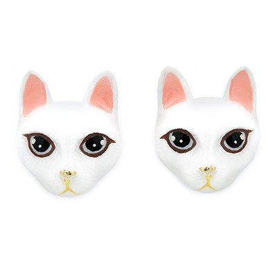 Adorable white cat's head earrings with large black eyes, pink ears, and a small nose, perfect for cat lovers.