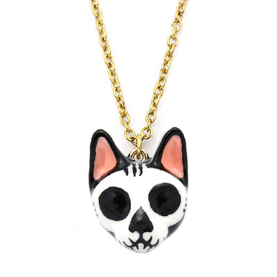 Cat skull pendant necklace in black and white design with gold chain