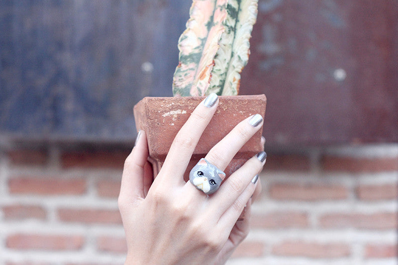 A hand wearing a grey cat ring holding a cactus in a pot.