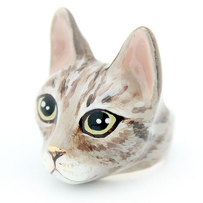 Hand-painted ring showcasing a charming tabby cat face, perfect for cat lovers.