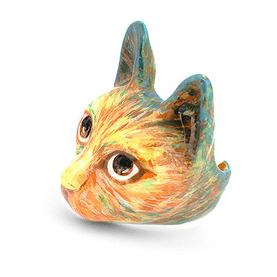 A cat ring painted in warm hues of orange and yellow, with large, expressive brown eyes, inspired by Vincent Van Gogh’s artistic style