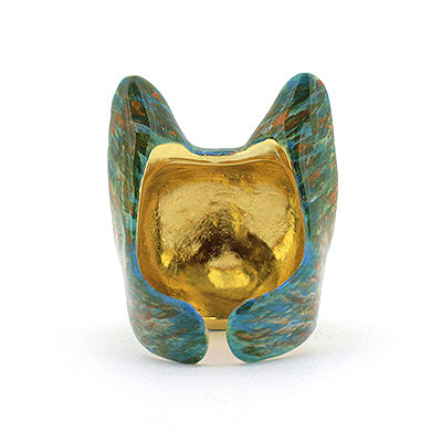 A cat ring painted in warm hues of orange and yellow, with large, expressive brown eyes, inspired by Vincent Van Gogh’s artistic style