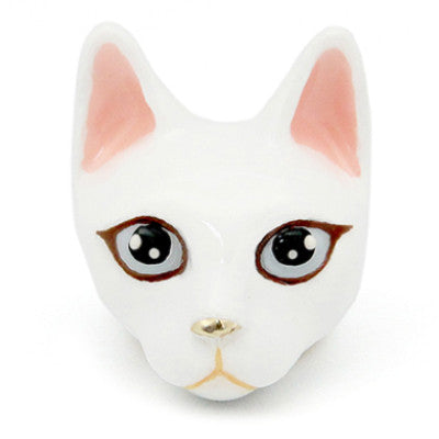 Handmade white cat head ring with large black eyes, pink ears, and a small nose, perfect for cat lovers.