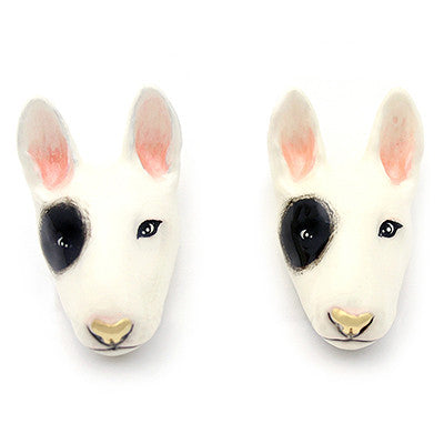 Unique Bull Terrier dog head earrings with black and white design.